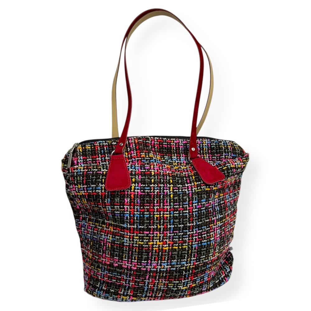O Bag Tweed Fabric Tote‎ Bag Red Velvet Handles Medium Ready to Use Boho EUC